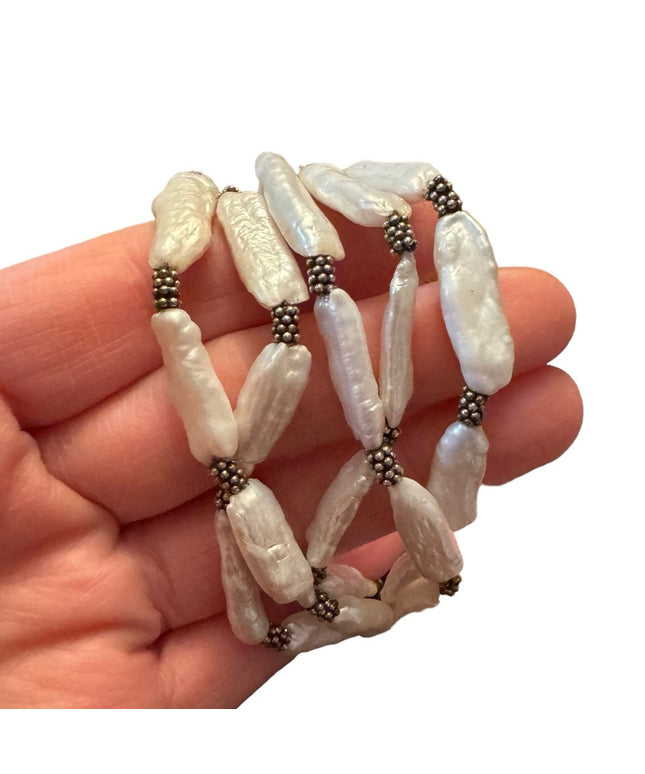 Vintage Artisan made BIWA pearl multi strand fancy silver toggle bracelet