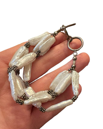 Vintage Artisan made BIWA pearl multi strand fancy silver toggle bracelet