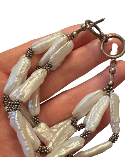 Vintage Artisan made BIWA pearl multi strand fancy silver toggle bracelet