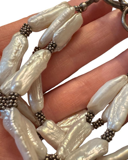 Vintage Artisan made BIWA pearl multi strand fancy silver toggle bracelet