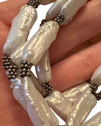 Vintage Artisan made BIWA pearl multi strand fancy silver toggle bracelet