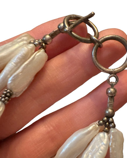 Vintage Artisan made BIWA pearl multi strand fancy silver toggle bracelet