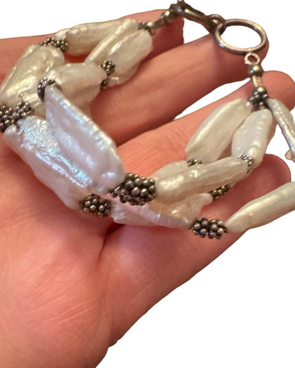 Vintage Artisan made BIWA pearl multi strand fancy silver toggle bracelet