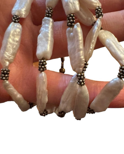 Vintage Artisan made BIWA pearl multi strand fancy silver toggle bracelet