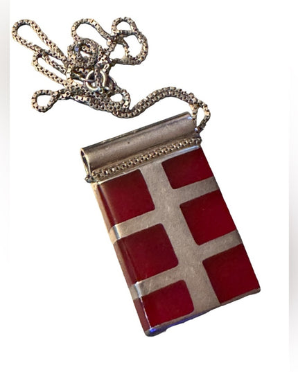 Lovely substancial red jasper inlay sterling silver 925 pendant necklace Mexico