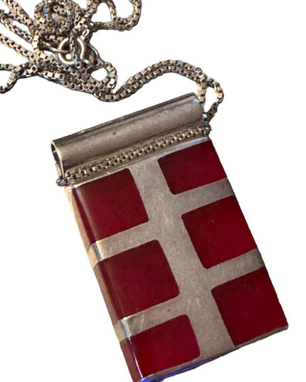 Lovely substancial red jasper inlay sterling silver 925 pendant necklace Mexico