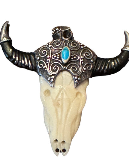 Vintage sterling silver 925 Turquoise bull skull steer head  longhorn LG pendant