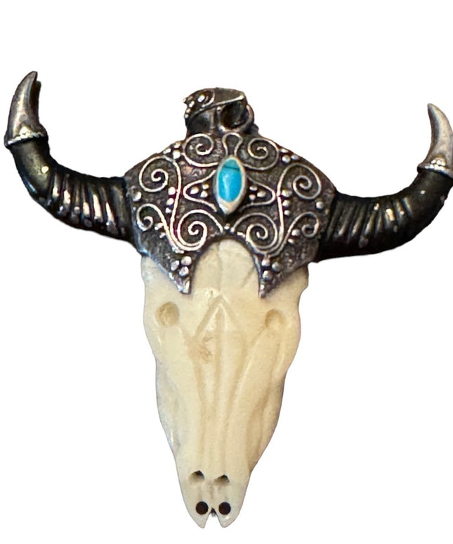Vintage sterling silver 925 Turquoise bull skull steer head  longhorn LG pendant