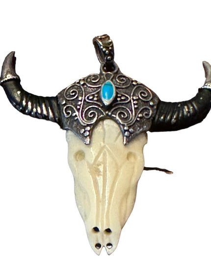 Vintage sterling silver 925 Turquoise bull skull steer head  longhorn LG pendant