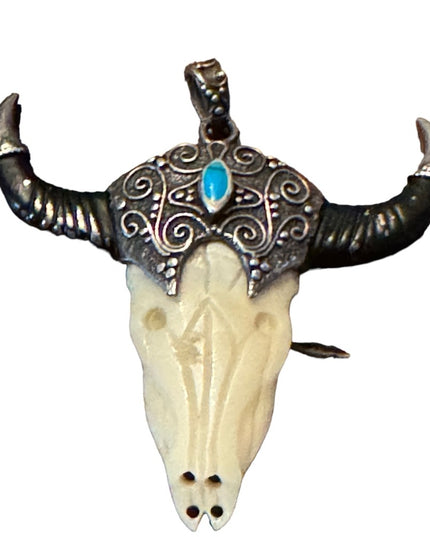 Vintage sterling silver 925 Turquoise bull skull steer head  longhorn LG pendant