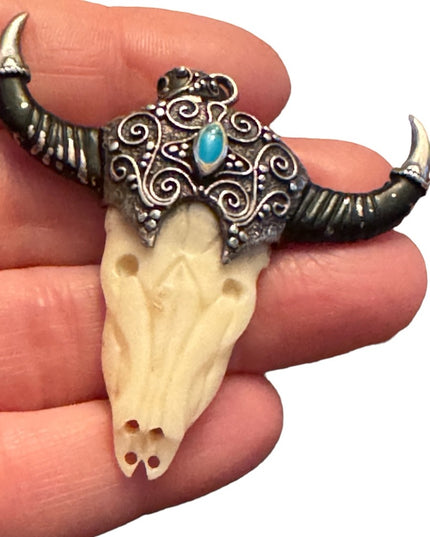 Vintage sterling silver 925 Turquoise bull skull steer head  longhorn LG pendant