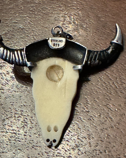 Vintage sterling silver 925 Turquoise bull skull steer head  longhorn LG pendant