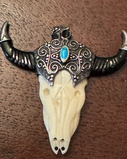 Vintage sterling silver 925 Turquoise bull skull steer head  longhorn LG pendant