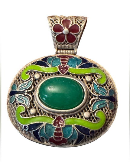 Old Chinese Silver 925 Enamel Green Jade Jewelry Pendant Amulet
