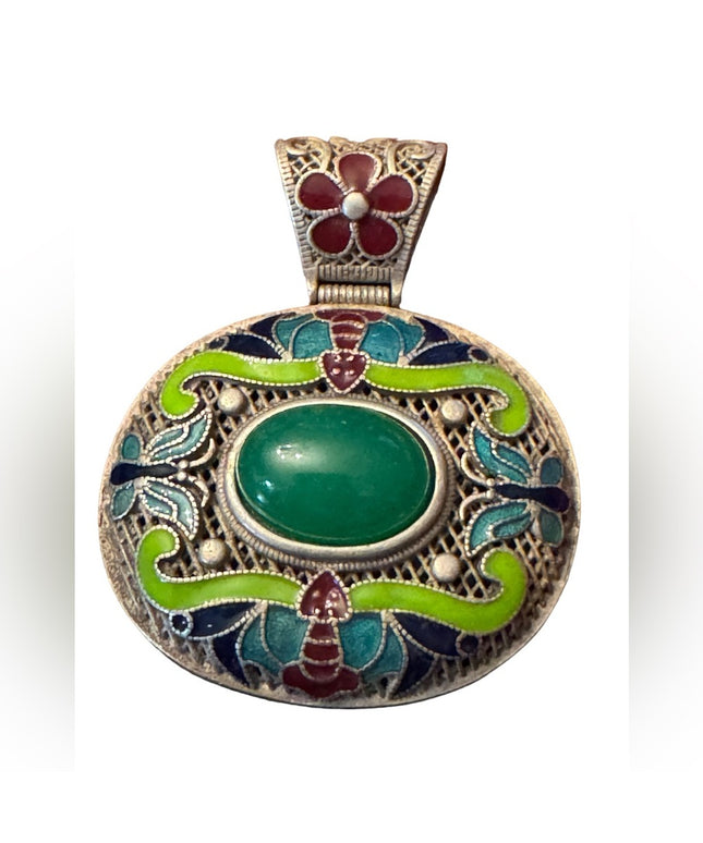 Old Chinese Silver 925 Enamel Green Jade Jewelry Pendant Amulet