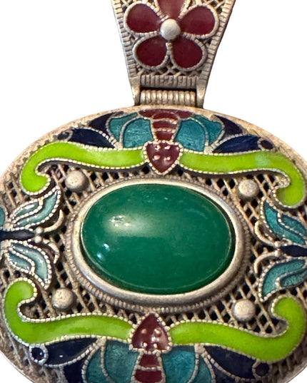 Old Chinese Silver 925 Enamel Green Jade Jewelry Pendant Amulet
