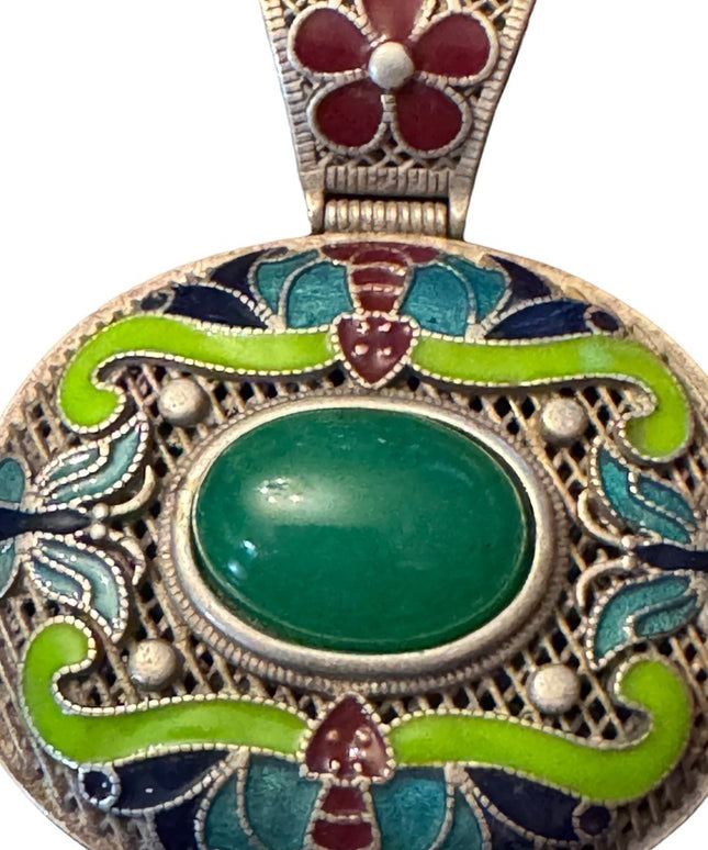 Old Chinese Silver 925 Enamel Green Jade Jewelry Pendant Amulet