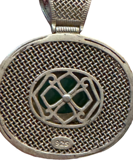 Old Chinese Silver 925 Enamel Green Jade Jewelry Pendant Amulet