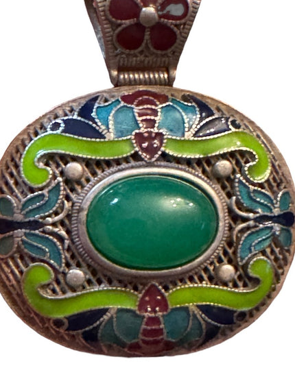 Old Chinese Silver 925 Enamel Green Jade Jewelry Pendant Amulet