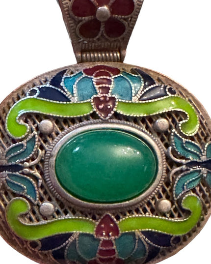 Old Chinese Silver 925 Enamel Green Jade Jewelry Pendant Amulet