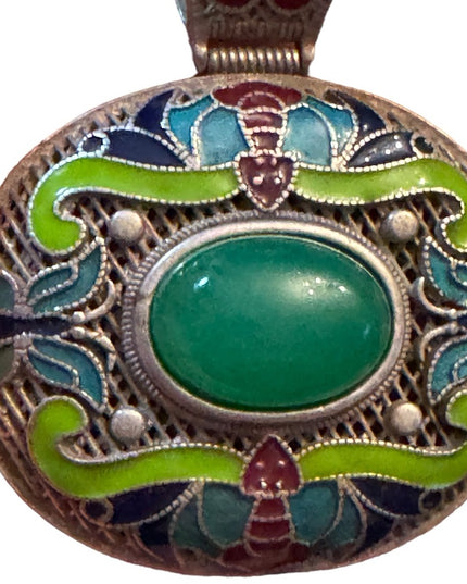 Old Chinese Silver 925 Enamel Green Jade Jewelry Pendant Amulet