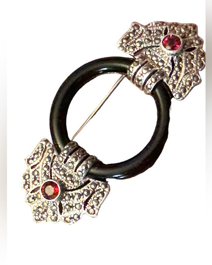 French Art Deco Sterling Silver Amethyst Onyx Glass Marcasite Pin Circle Brooch
