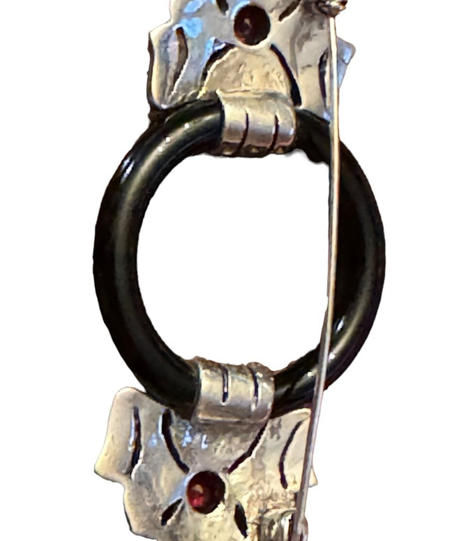 French Art Deco Sterling Silver Amethyst Onyx Glass Marcasite Pin Circle Brooch