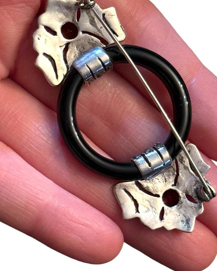 French Art Deco Sterling Silver Amethyst Onyx Glass Marcasite Pin Circle Brooch