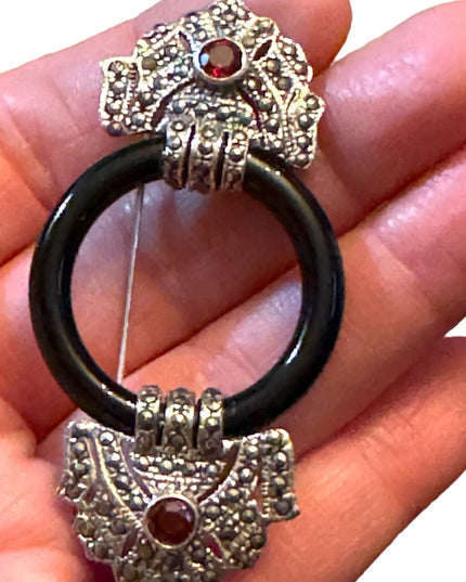 French Art Deco Sterling Silver Amethyst Onyx Glass Marcasite Pin Circle Brooch