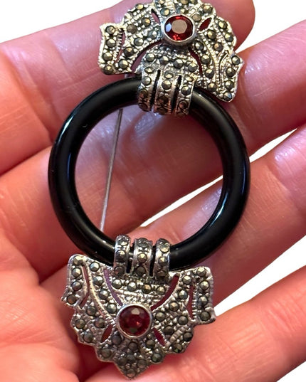 French Art Deco Sterling Silver Amethyst Onyx Glass Marcasite Pin Circle Brooch