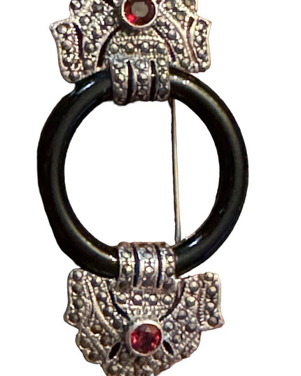 French Art Deco Sterling Silver Amethyst Onyx Glass Marcasite Pin Circle Brooch