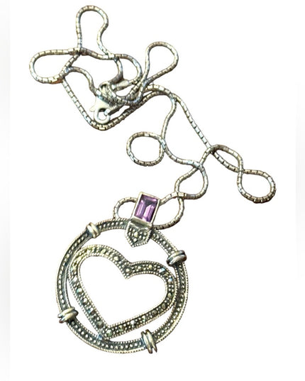 Sterling silver 925 fancy marcasite heart amethyst pendant necklace
