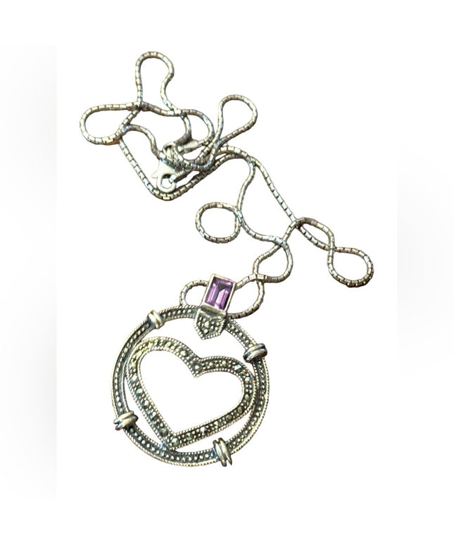 Sterling silver 925 fancy marcasite heart amethyst pendant necklace