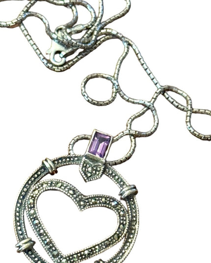 Sterling silver 925 fancy marcasite heart amethyst pendant necklace