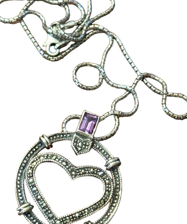 Sterling silver 925 fancy marcasite heart amethyst pendant necklace