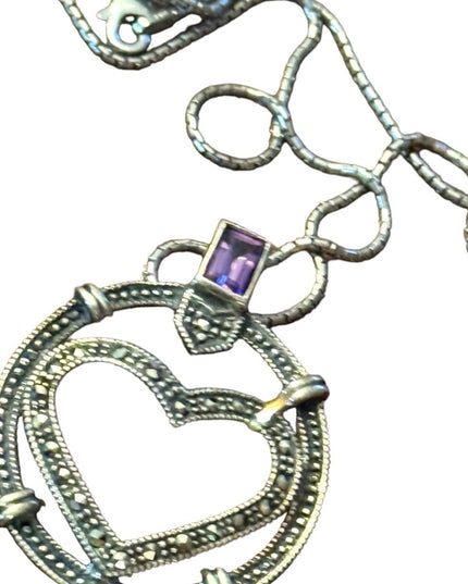 Sterling silver 925 fancy marcasite heart amethyst pendant necklace