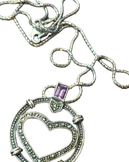 Sterling silver 925 fancy marcasite heart amethyst pendant necklace
