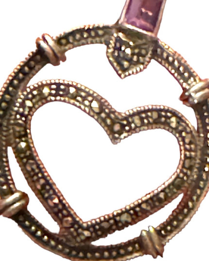 Sterling silver 925 fancy marcasite heart amethyst pendant necklace