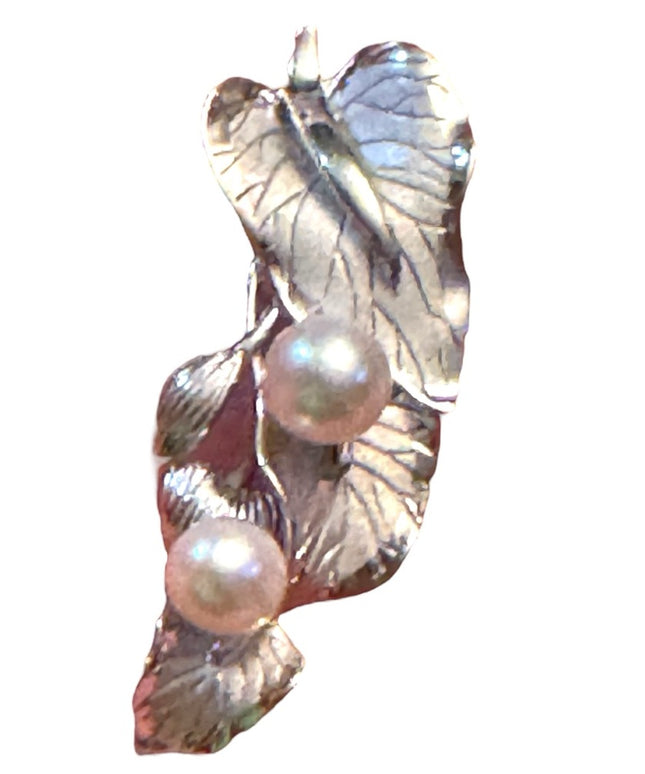 Vintage 925 sterling silver fabcy pearl flower leaf brooxh