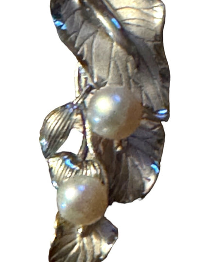 Vintage 925 sterling silver fabcy pearl flower leaf brooxh