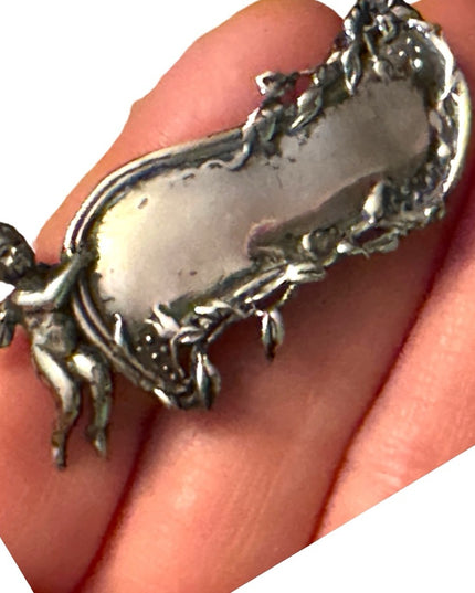 Vintage Antiqued finish Handmade cherub angel pucci Tag name brooch Artisan