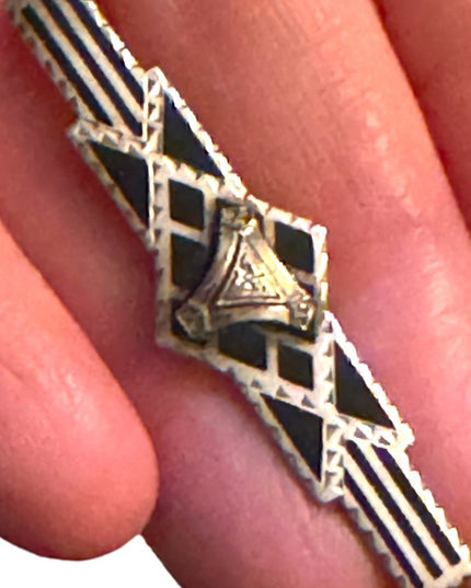Antique fancy steeling base black onyx inlay bar brooch