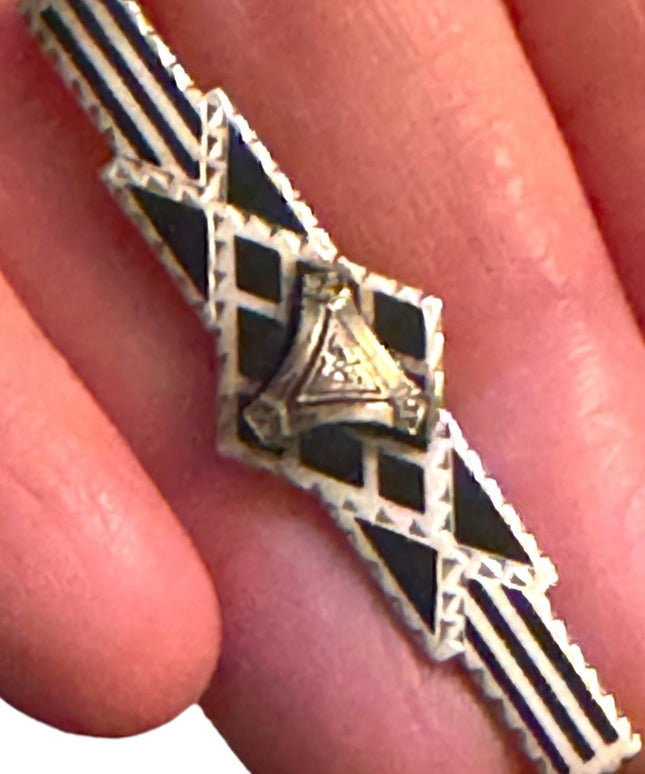 Antique fancy steeling base black onyx inlay bar brooch