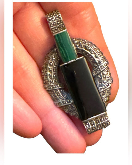 Antique Sterling silver marcasite  Malachite black onyx art deco pendant brooch