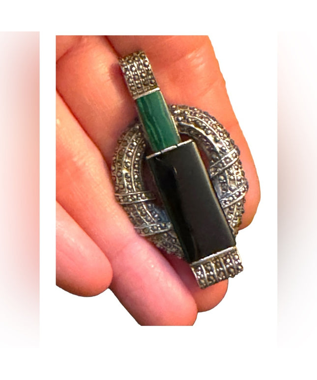 Antique Sterling silver marcasite  Malachite black onyx art deco pendant brooch