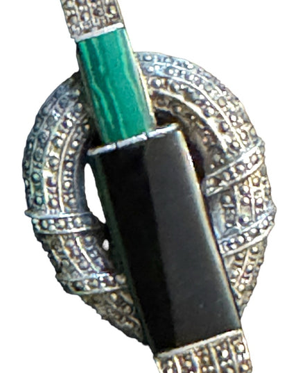 Antique Sterling silver marcasite  Malachite black onyx art deco pendant brooch