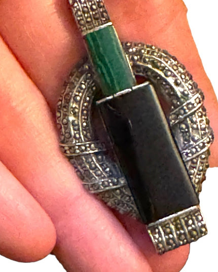 Antique Sterling silver marcasite  Malachite black onyx art deco pendant brooch