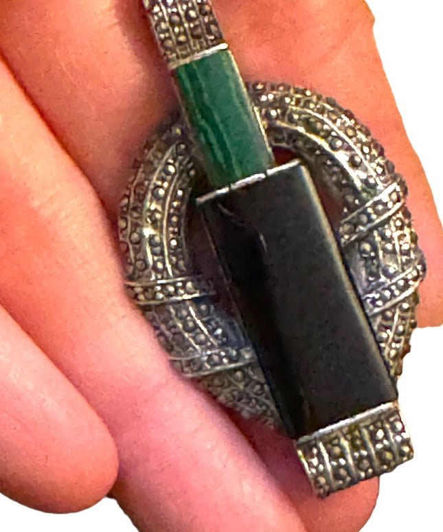Antique Sterling silver marcasite  Malachite black onyx art deco pendant brooch