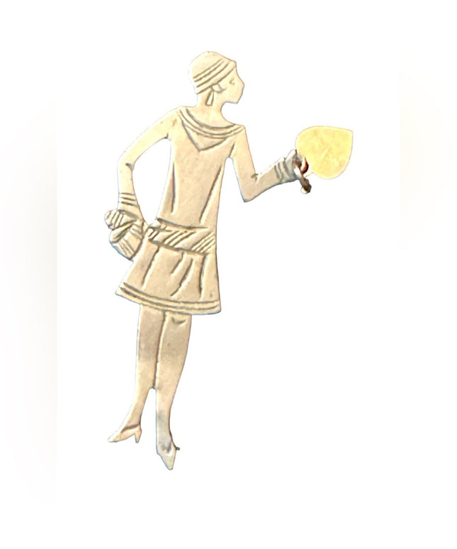 Antique Art deco silver fancy lady shopping fancy brooch with heart “Darling”