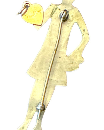 Antique Art deco silver fancy lady shopping fancy brooch with heart “Darling”